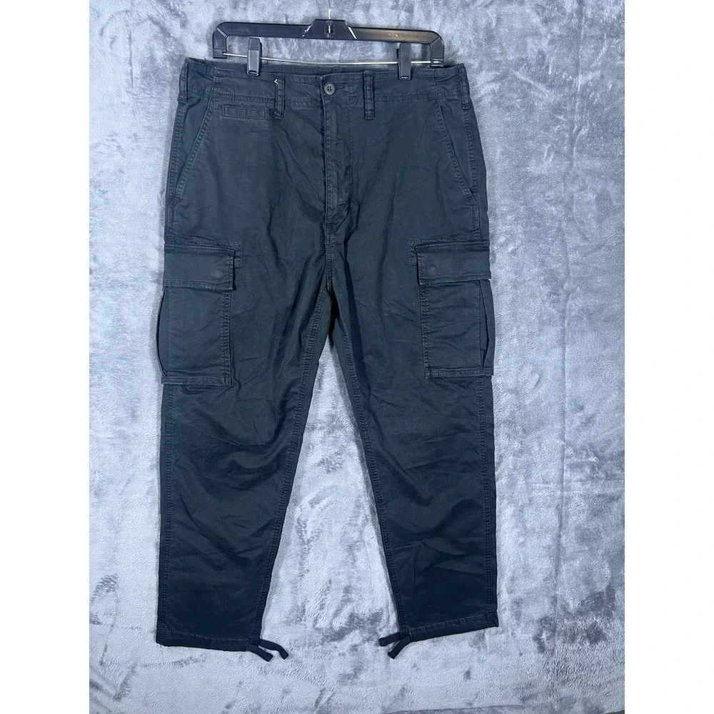 American Eagle Mens Black Cargo Pants Straight Leg Drawstring Ankle Size 34x29